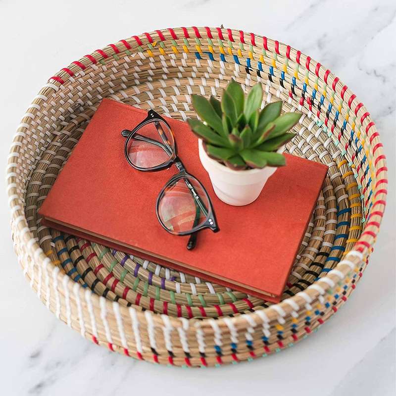 Woven Seagrass Serving Tray, Round Rattan Coffee Table Basket, Seagrass Ottomans, Round Basket Tray