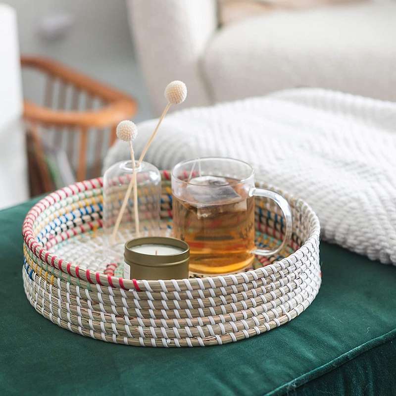 Woven Seagrass Serving Tray, Round Rattan Coffee Table Basket, Seagrass Ottomans, Round Basket Tray