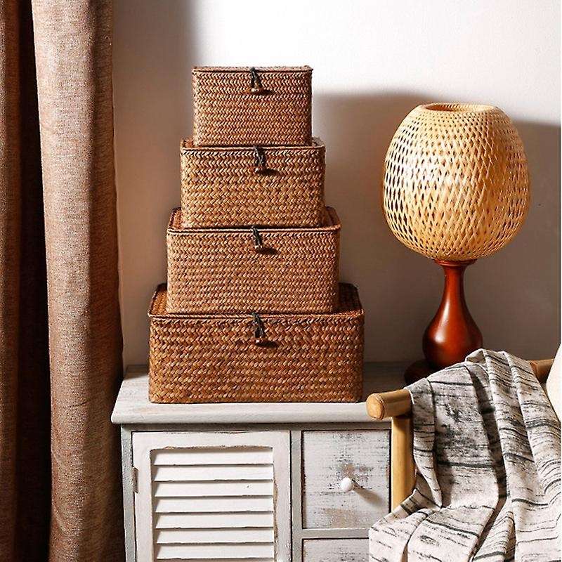 Woven Straw Storage Bins with Lid - 4 - Rectangular Seagrass Basket/storage Basket for Shelf Organi
