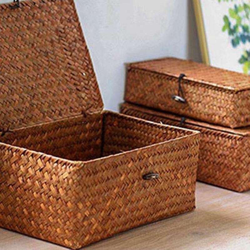 Woven Straw Storage Bins with Lid - 4 - Rectangular Seagrass Basket/storage Basket for Shelf Organi