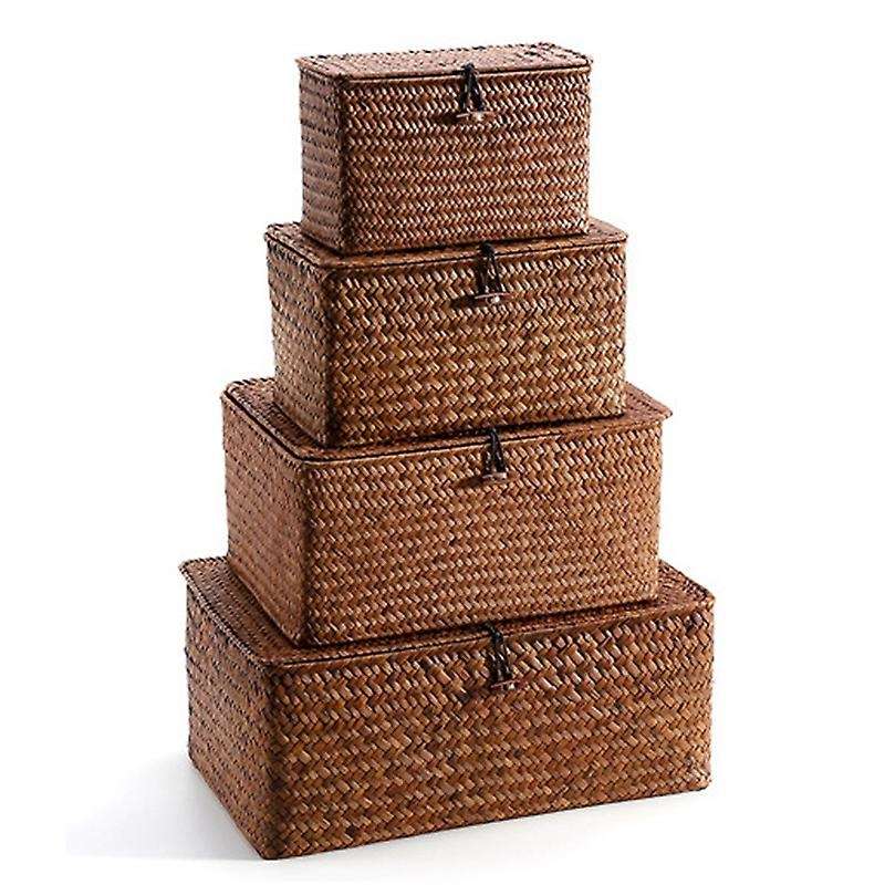 Woven Straw Storage Bins with Lid - 4 - Rectangular Seagrass Basket/storage Basket for Shelf Organi