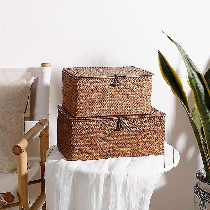 Woven Straw Storage Bins with Lid - 4 - Rectangular Seagrass Basket/storage Basket for Shelf Organi