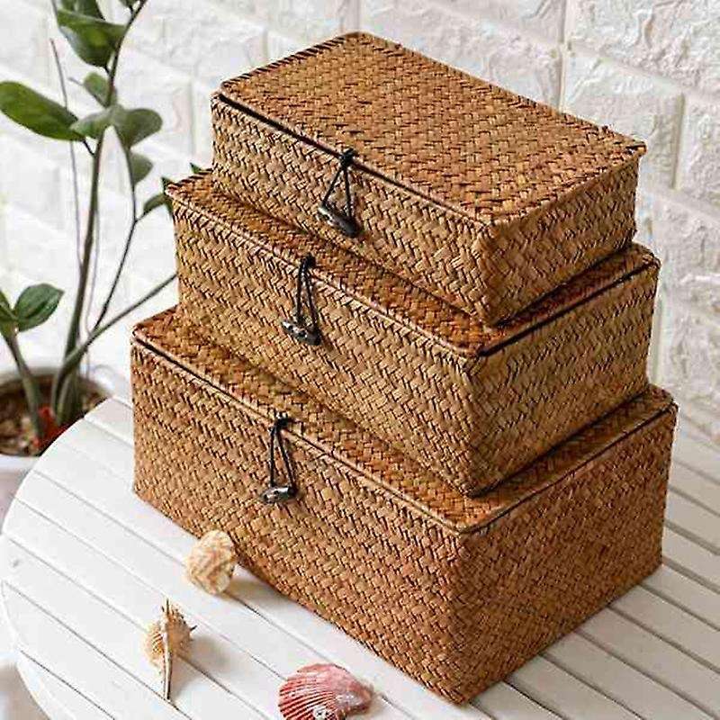 Woven Straw Storage Bins with Lid - 4 - Rectangular Seagrass Basket/storage Basket for Shelf Organi