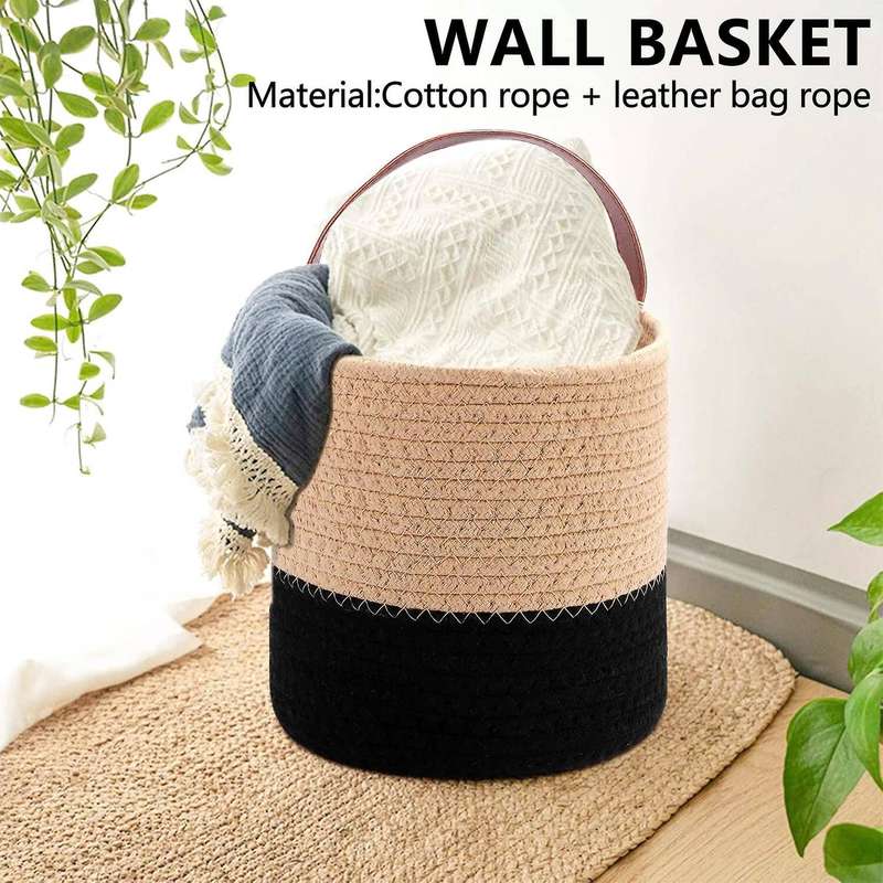 Woven Hanging Basket Storage with Leather Handle, Shelf Basket Organizer for Plants Home Decor