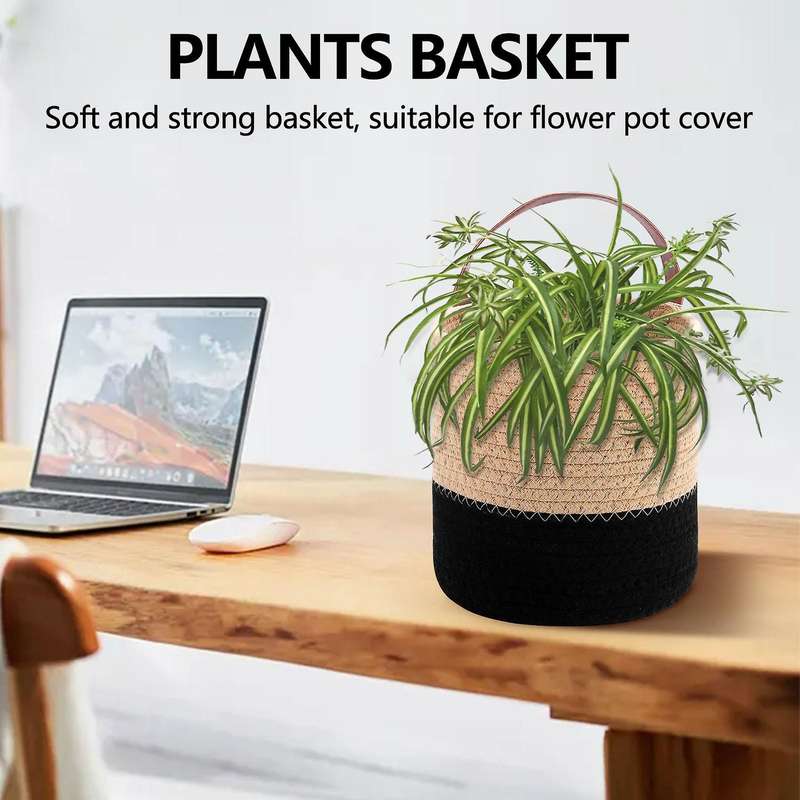 Woven Hanging Basket Storage with Leather Handle, Shelf Basket Organizer for Plants Home Decor