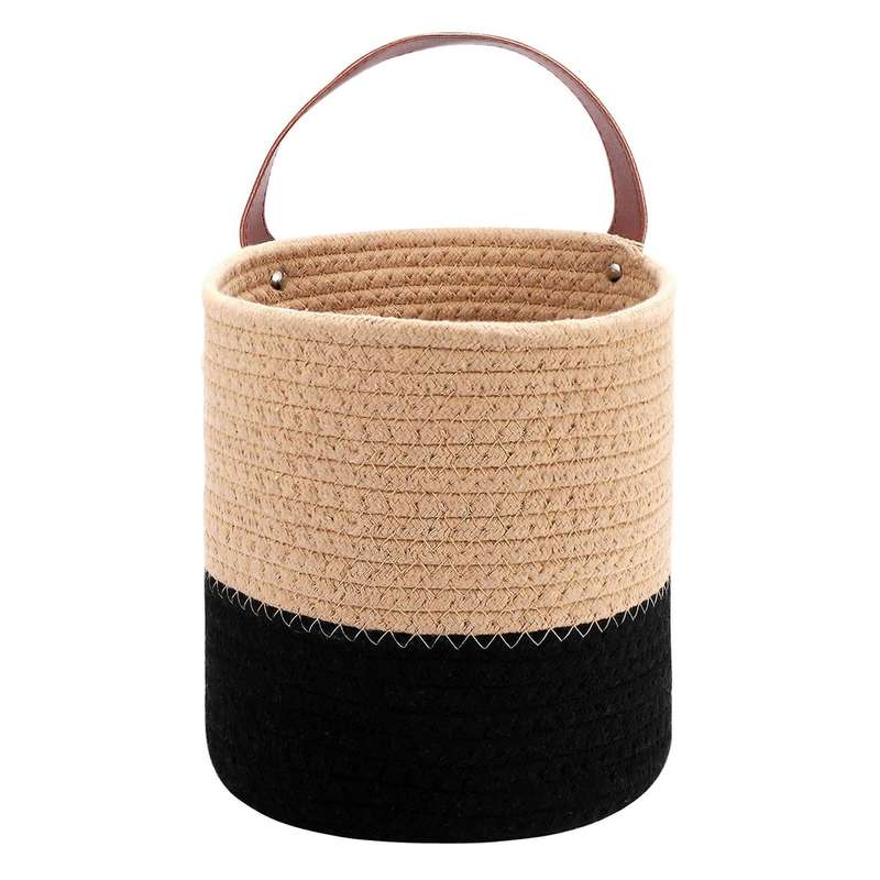 Woven Hanging Basket Storage with Leather Handle, Shelf Basket Organizer for Plants Home Decor