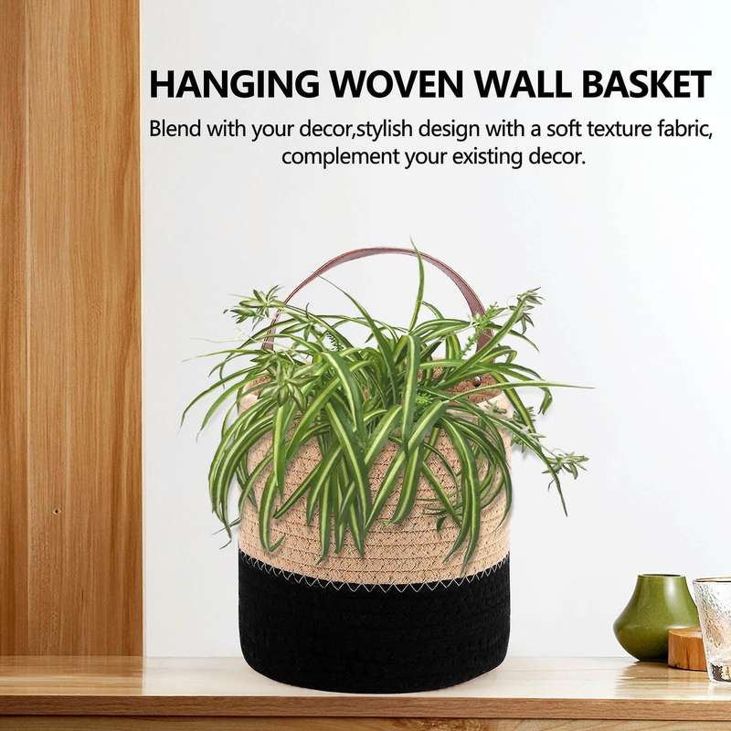 Woven Hanging Basket Storage with Leather Handle, Shelf Basket Organizer for Plants Home Decor