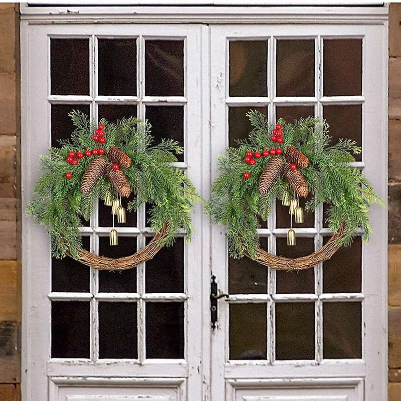 Wreaths for Front Door, 15.7 Inch Rattan Wreaths for Decorating Christmas, 2021 Golden Bells Hang