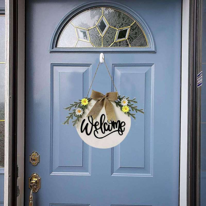 Wreath Door Hanger Welcome Sign for Farmhouse,Rustic Wooden Door Hangers Front Porch Decor Outdoor