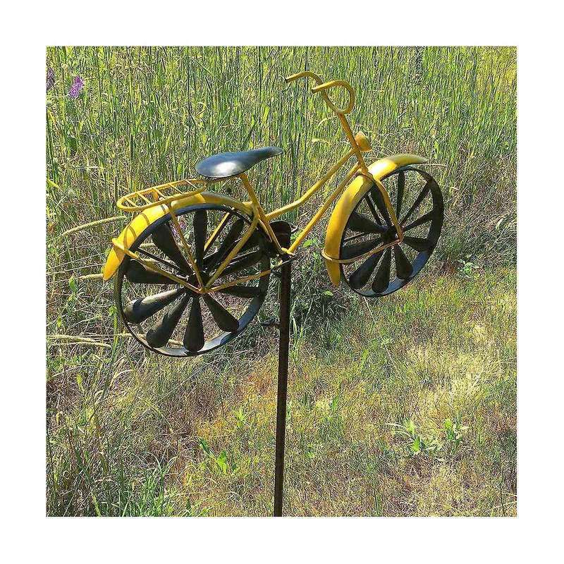 Yellow Bike Garden Spinner, Vintage Style Stake Decoration, Rustic Yellow with Antiqued