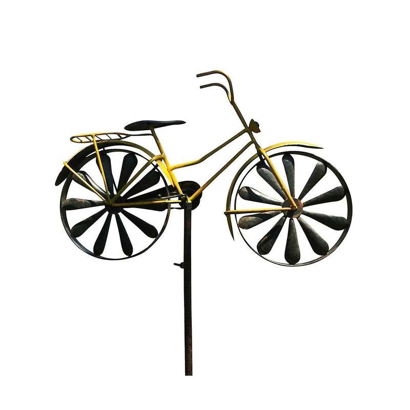 Yellow Bike Garden Spinner, Vintage Style Stake Decoration, Rustic Yellow with Antiqued