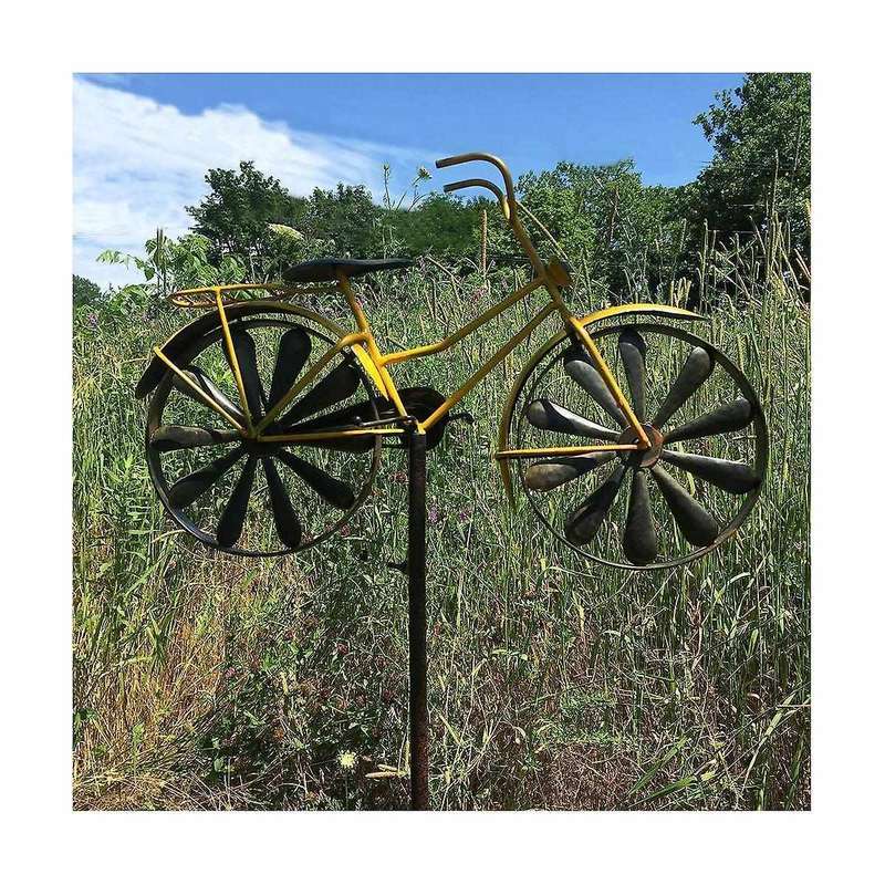 Yellow Bike Garden Spinner, Vintage Style Stake Decoration, Rustic Yellow with Antiqued