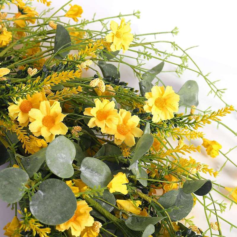 Yellow Daisy Wreath Spring Wreath Fake Floral Wreath with Green Eucalyptus Leaves for Front Door Wal