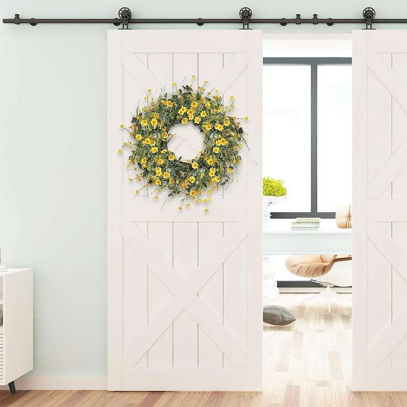 Yellow Daisy Wreath Spring Wreath Fake Floral Wreath with Green Eucalyptus Leaves for Front Door Wal
