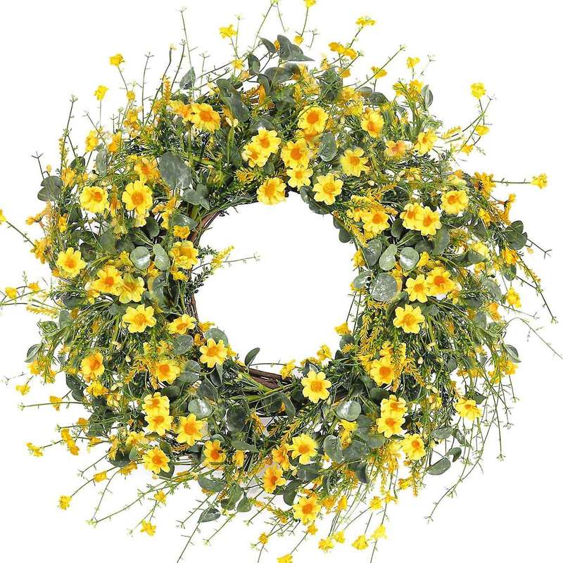 Yellow Daisy Wreath Spring Wreath Fake Floral Wreath with Green Eucalyptus Leaves for Front Door Wal