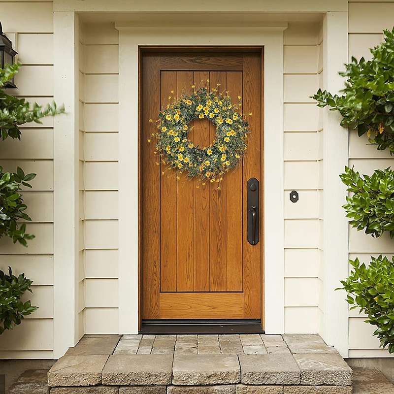 Yellow Daisy Wreath Spring Wreath Fake Floral Wreath with Green Eucalyptus Leaves for Front Door Wal
