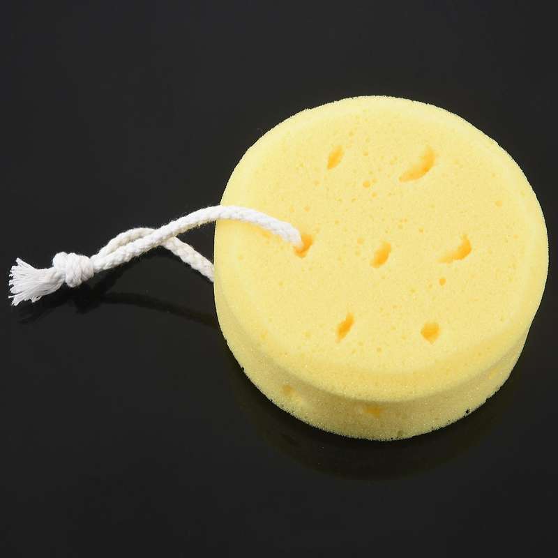 Yellow Round Bath Body Shower Soft Sponge W Hanging Loop