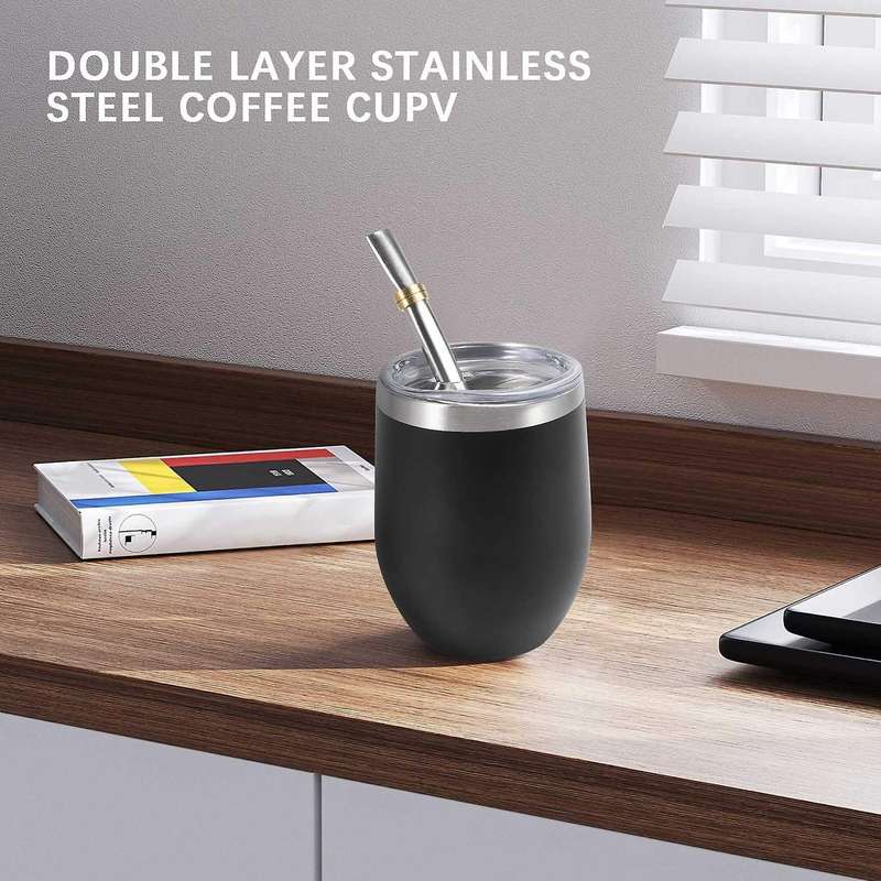 Yerba Mate Gourd Tea Cup Set 12Oz,Double-Wall Stainless Coffee Water Cup with Lid 2 Bombillas Straw