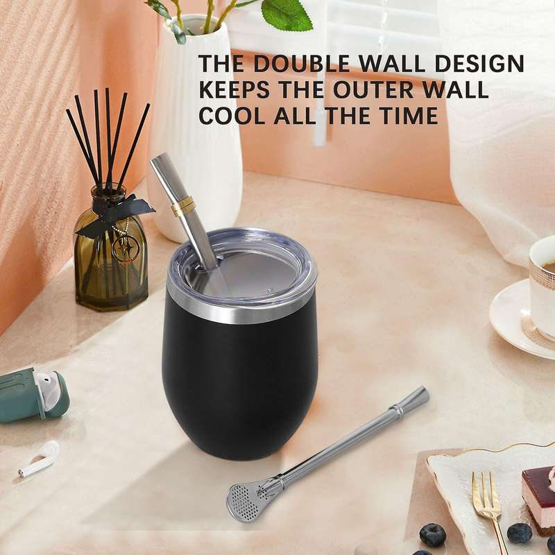 Yerba Mate Gourd Tea Cup Set 12Oz,Double-Wall Stainless Coffee Water Cup with Lid 2 Bombillas Straw