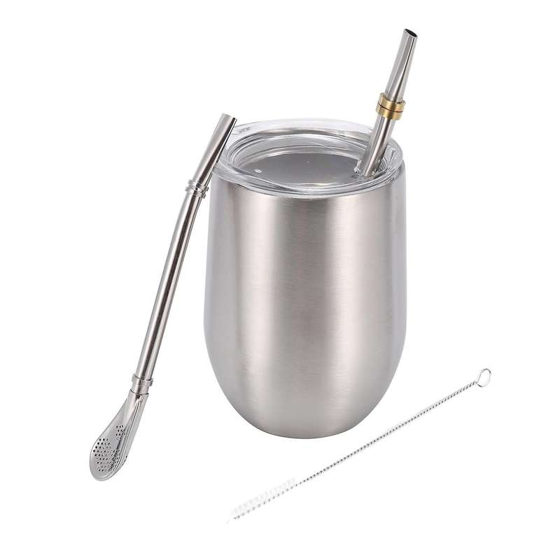 Yerba Tea Cup Set 12oz,double-wall Stainless Coffee Water Cup with Lid 2 Bombillas Straws Spoon&bru