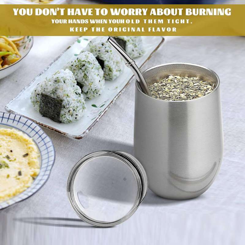 Yerba Tea Cup Set 12oz,double-wall Stainless Coffee Water Cup with Lid 2 Bombillas Straws Spoon&bru