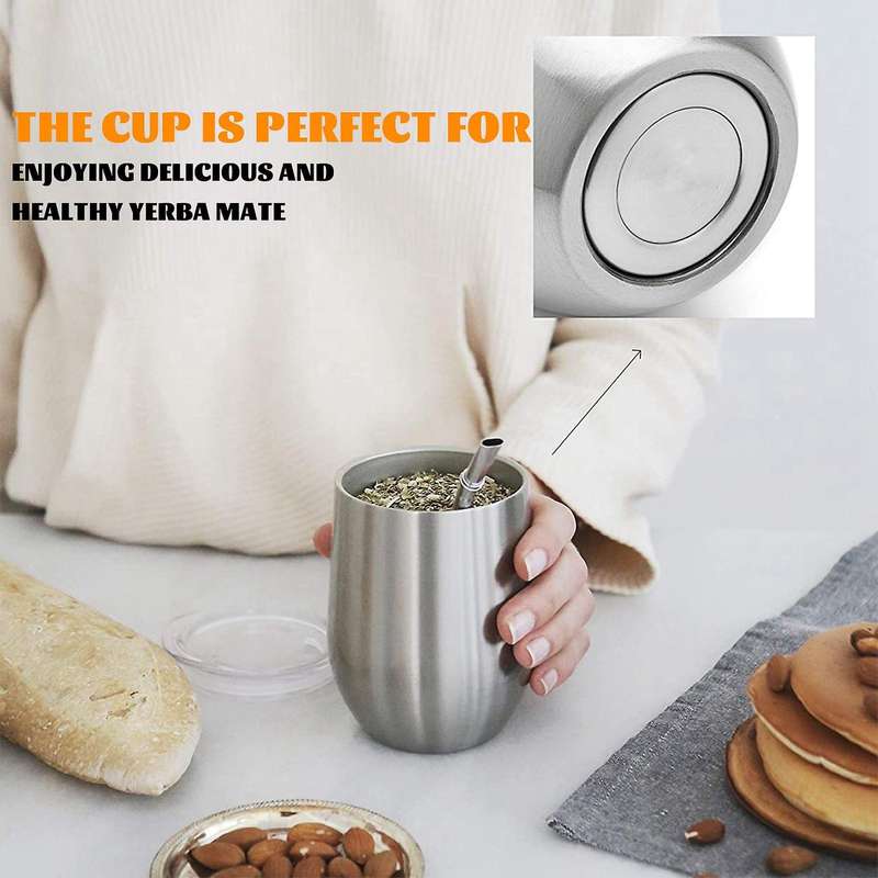 Yerba Tea Cup Set 12oz,double-wall Stainless Coffee Water Cup with Lid 2 Bombillas Straws Spoon&bru