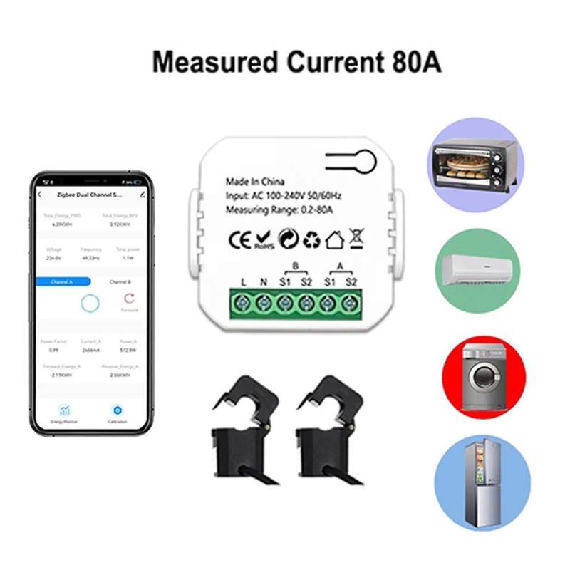 ZigBee 2 Channel Energy Meter Bidirectional with Current Sensor Tuya Smart Monitor Power 80A 110V/2