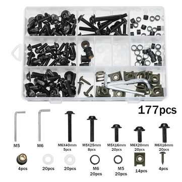177pcs Motorcycle Fairing Bolt Kit Nuts Screws Clips For Honda/Yamaha/Kawasaki/Su... (COLOR.: BLACK)