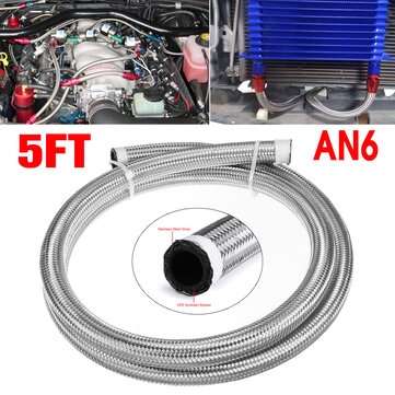 5FT AN4 AN6 AN8 AN10 Fuel Hose Oil Gas Line Pipe Stainless Steel Braided Silver (SIZE: #6)