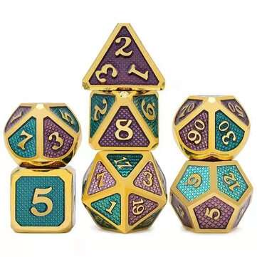 7 Pcs/Set Alloy Metal Dice Set Playing Game Poker Card Dungeons Dragons Pa... (COLOR.: PURPLE&GREEN)