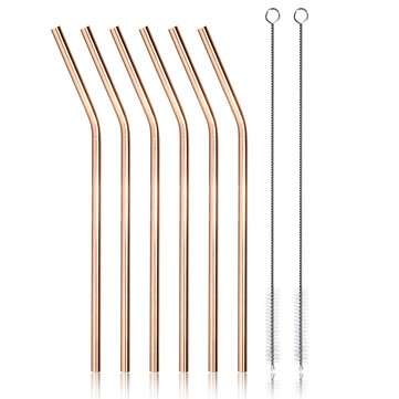 7pcs Stainless Steel Rose Gold Curved Straw / Straight Straw + Brush Reusable (PATTERN: 1)