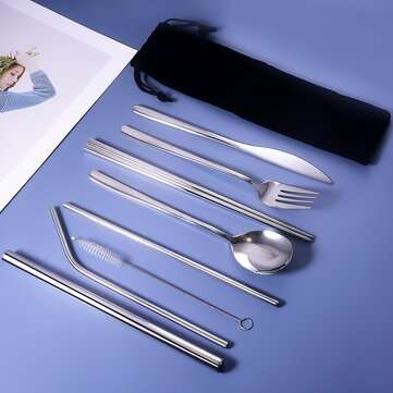 9pcs Titanium-Plated 304 Stainless Steel Cutlery Set Knife Fork Spoon Chopsticks... (COLOR.: SILVER)