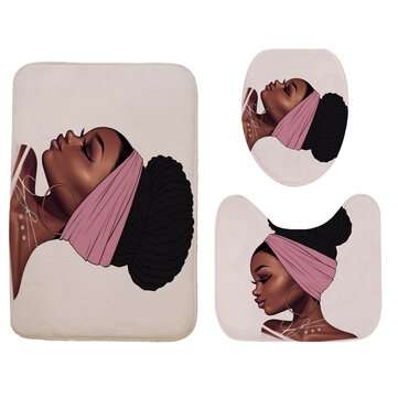 African Girl Waterproof Shower Curtain Non-slip Mats Bath Carpets Toilet Seat... (MAT PACKAGE: 3PCS)
