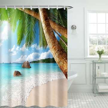 Bathroom Shower Curtain Washroom Tropical Beach Palm Trees 12 Hooks 180*180CM