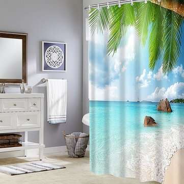 Bathroom Shower Curtain Washroom Tropical Beach Palm Trees 12 Hooks 180*180CM