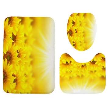 Bathroom Shower Curtain Sunflowers Print Durable Waterproof Bath Curtain Set ... (MAT PACKAGE: 3PCS)