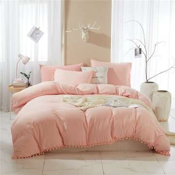 Bedding Pom Pom Duvet Cover Set Ball Fringe Home Textile Solid... (BED SIZE: TWINSIZE | COLOR: PINK)