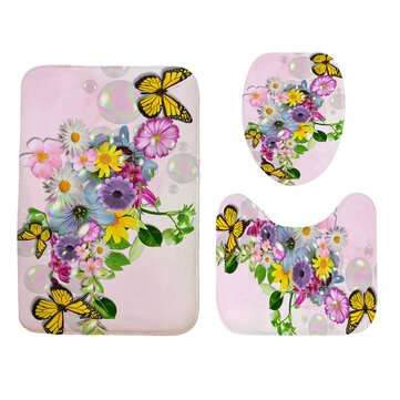 Butterfly Flower Pattern Shower Curtain Toilet Lid Cover Pedestal Rug Waterpr... (MAT PACKAGE: 3PCS)
