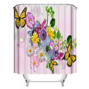Butterfly Flower Pattern Shower Curtain Toilet Lid Cover Pedestal ... (MAT PACKAGE: 1*SHOWERCURTAIN)