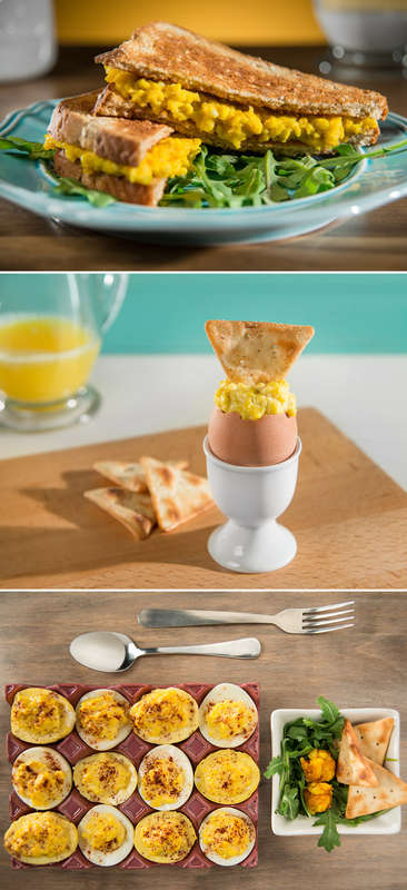 Deviled golden eggs, a golden egg sandwich and, soft boiled golden eggs ready to eat