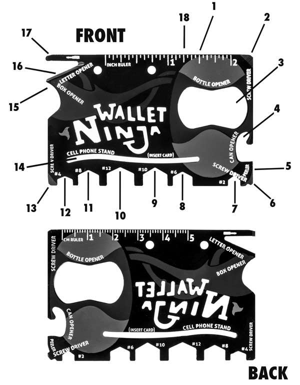 Front and back views of the Wallet Ninja Multi-Tool.