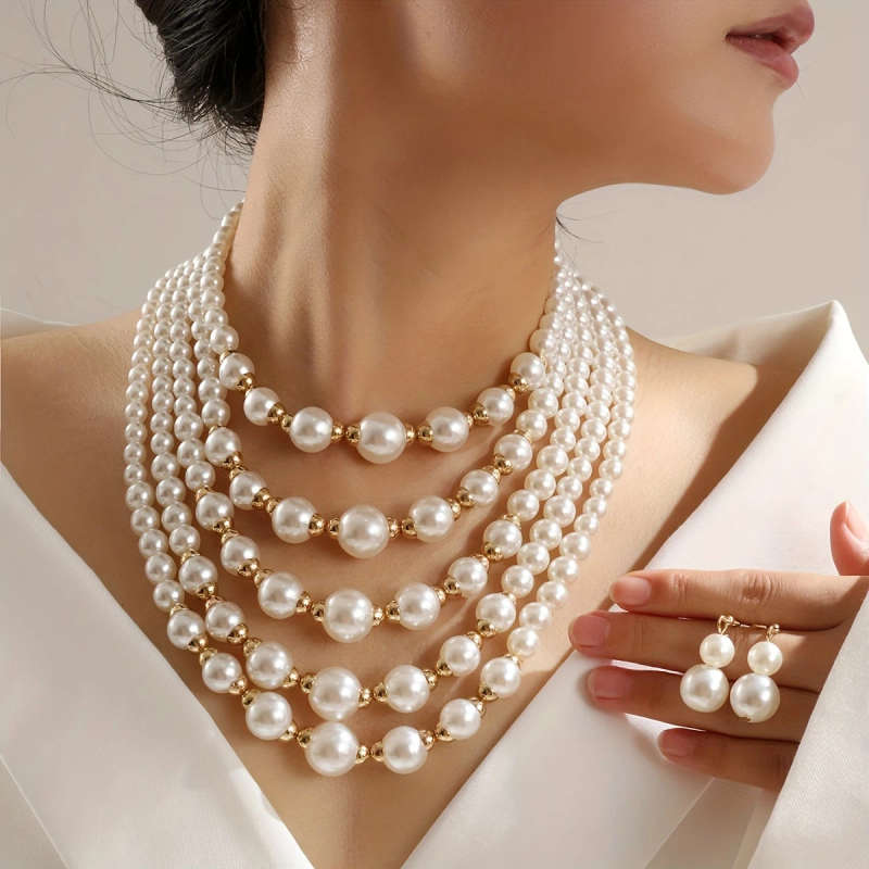1 Set Of 14K Gold Plated Elegant Multi-Layered Faux Pearl Beaded Necklace And Earrings