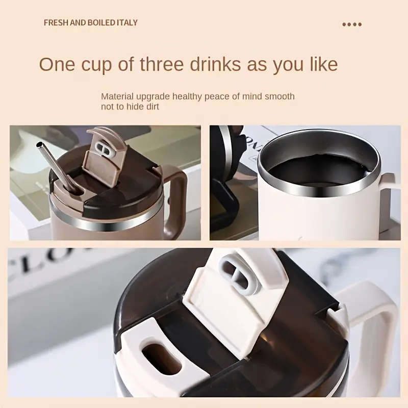 Stainless Steel Insulated Coffee Cup With Lid And Spoon Brown