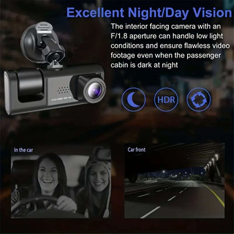 3 Channel DVR Dashcam with Front interior and Rear cameras AND 32GB TF Card