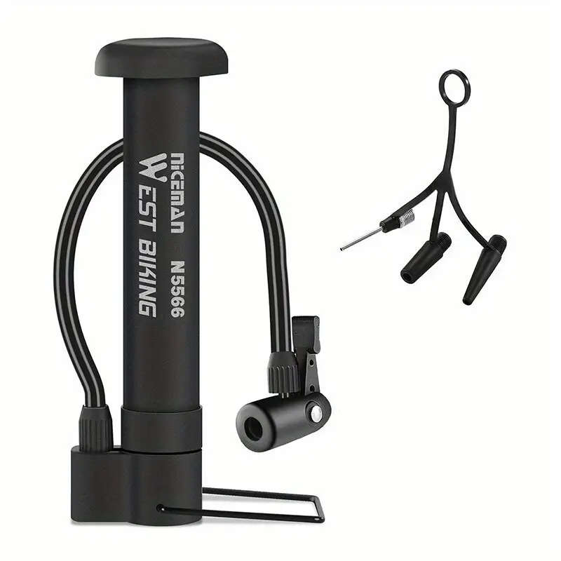 1pc Compact Portable Manual Bike Pump with Attachments PE Black Includes Ball Swim Ring Nozzles Easy