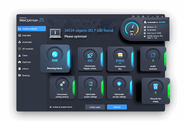 Screenshot WinOptimizer 25 - Startpage