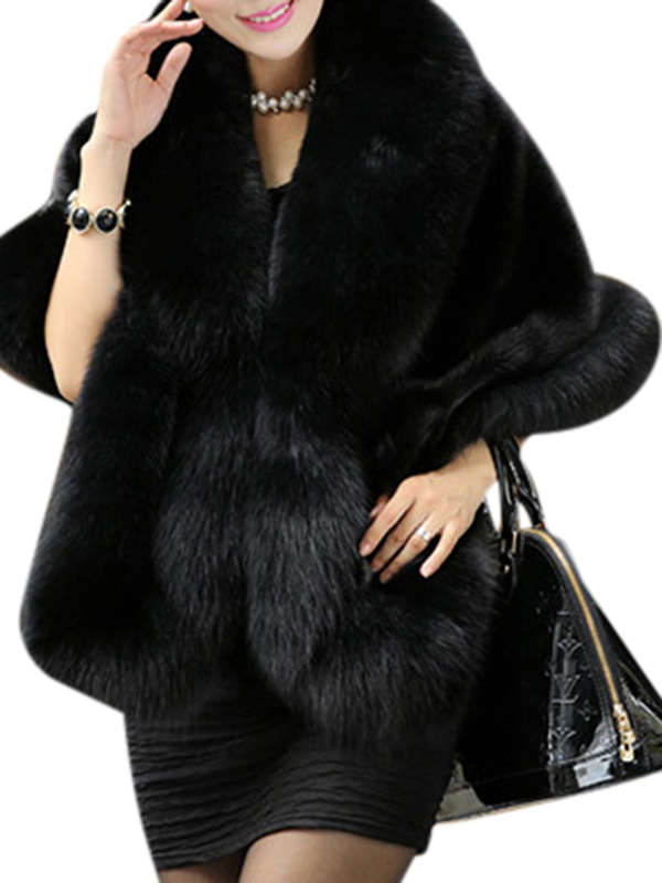 Elegant Women Solid Color Batwing Sleeve Faux Fur Shawl Cloak