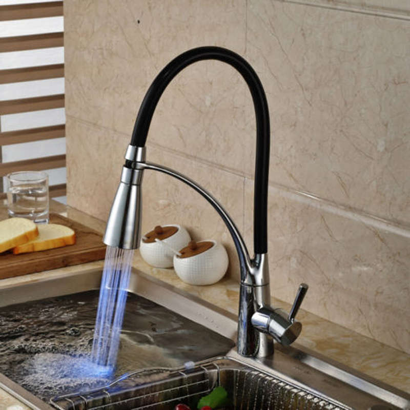 LED Kitchen Sink Faucet Black Chrome Plated Cold Hot Pullout Spray Faucet Mixer Taps