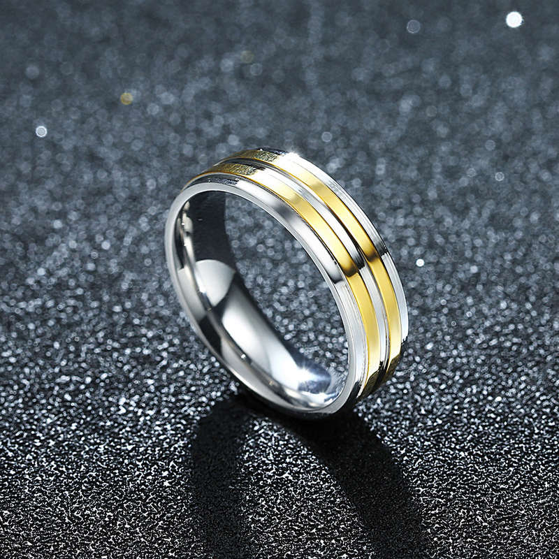 Gold Stripe Simple Zircon Stainless Steel Ring Women Men Gift Wedding Jewelry