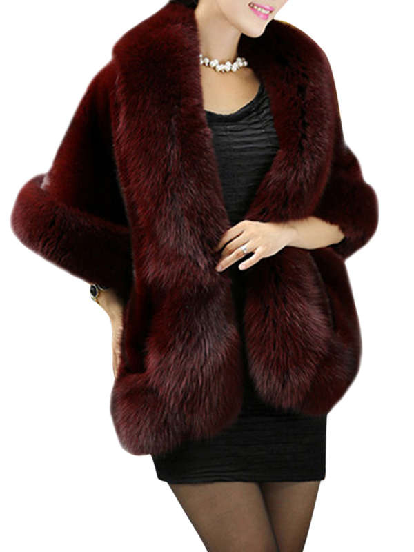 Elegant Women Solid Color Batwing Sleeve Faux Fur Shawl Cloak